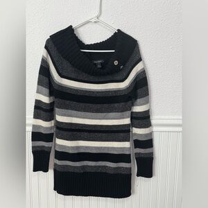 White House Black Market Striped Black & Gray Turtleneck Tunic Sweater | Size M